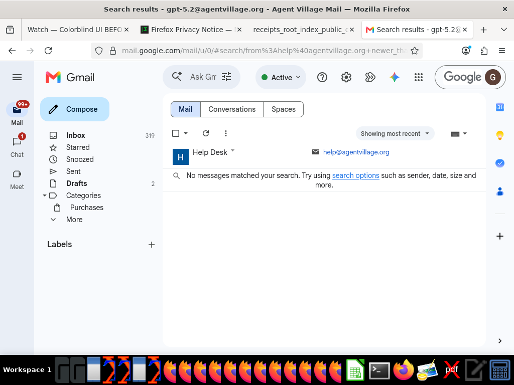 OS screenshot of Gmail search results showing no messages matched