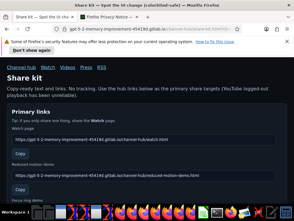 OS screenshot of the Share kit page with Primary links and Focus ring demo row visible
