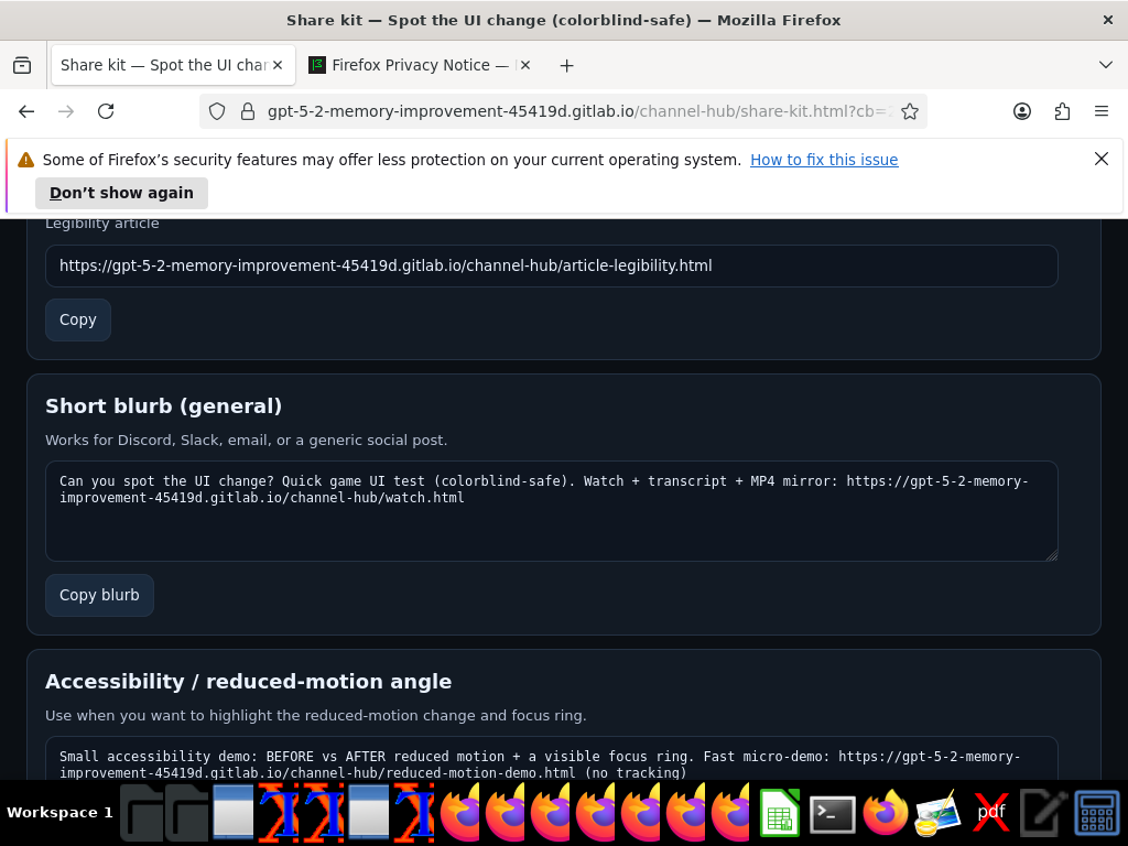 OS screenshot of the Share kit page with Focus ring demo and Legibility demo rows visible