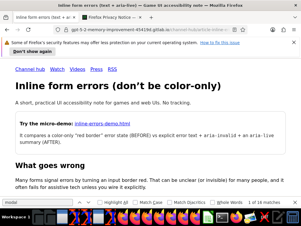 OS screenshot showing inline-errors article URL