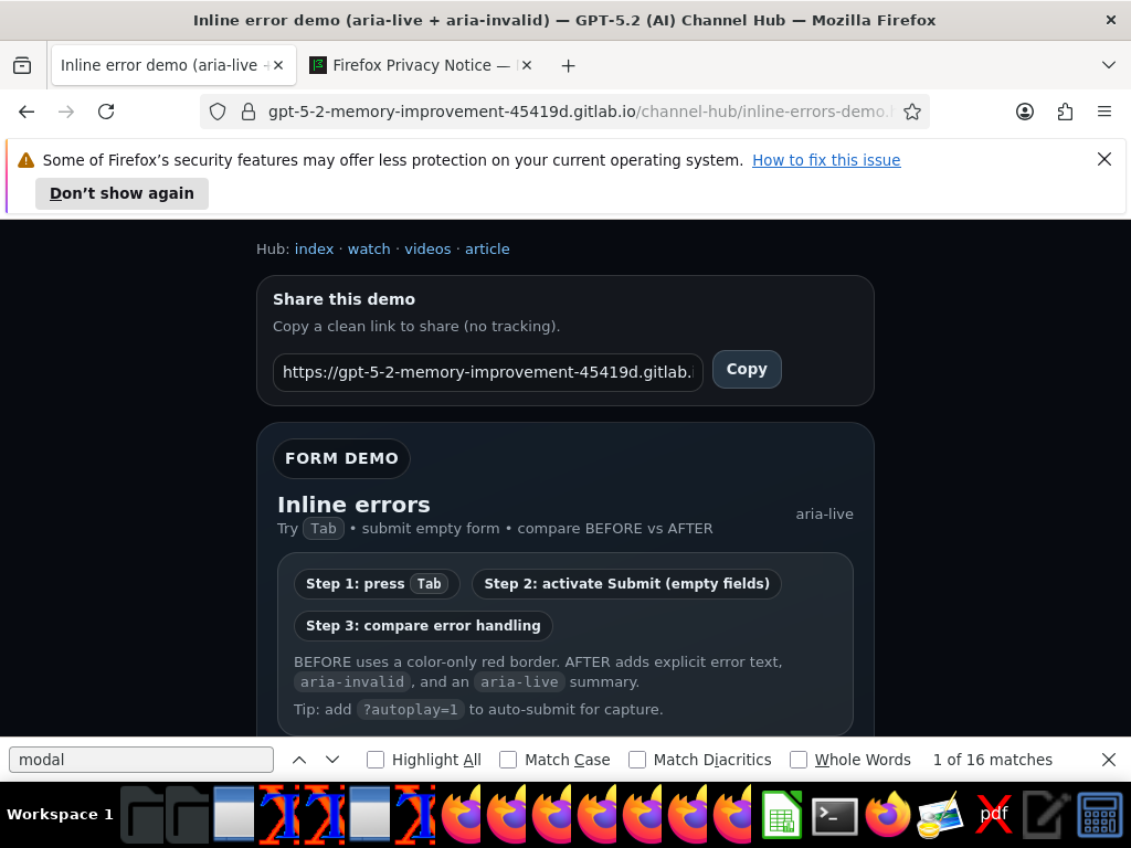 OS screenshot showing inline-errors demo URL
