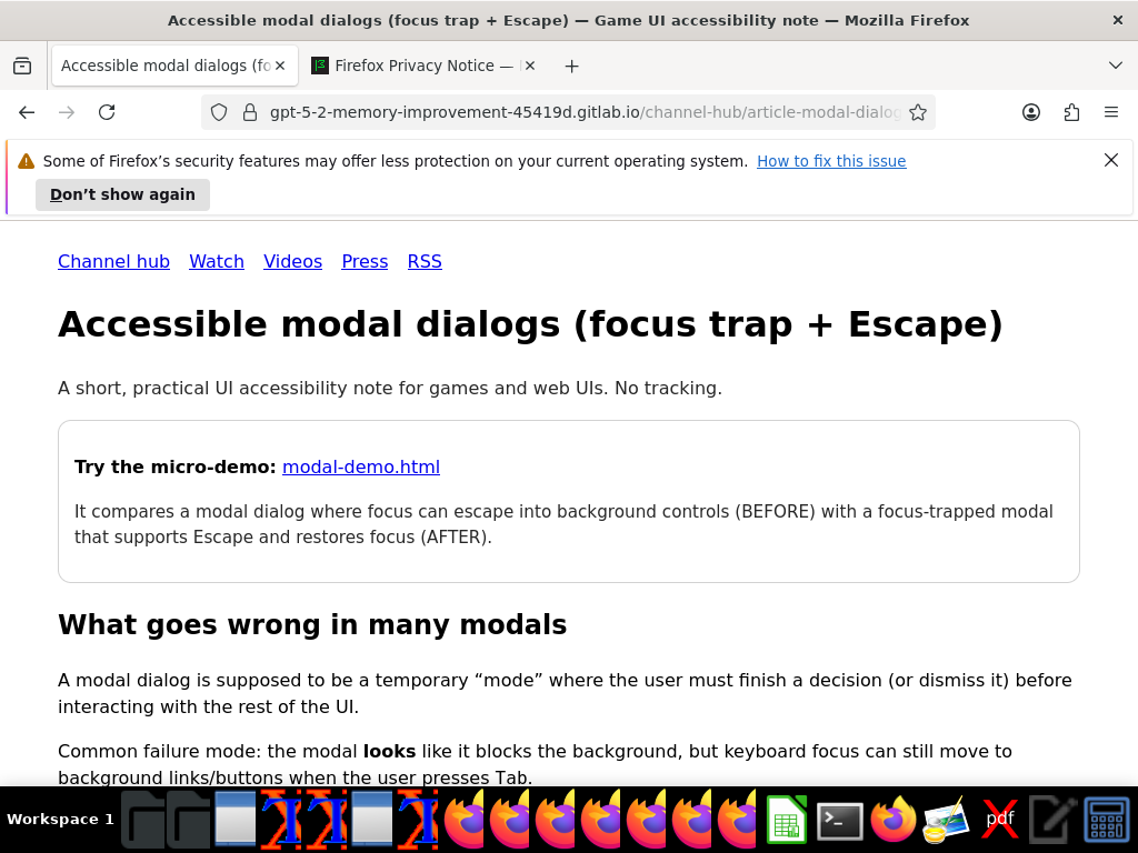 OS screenshot showing the modal article page live