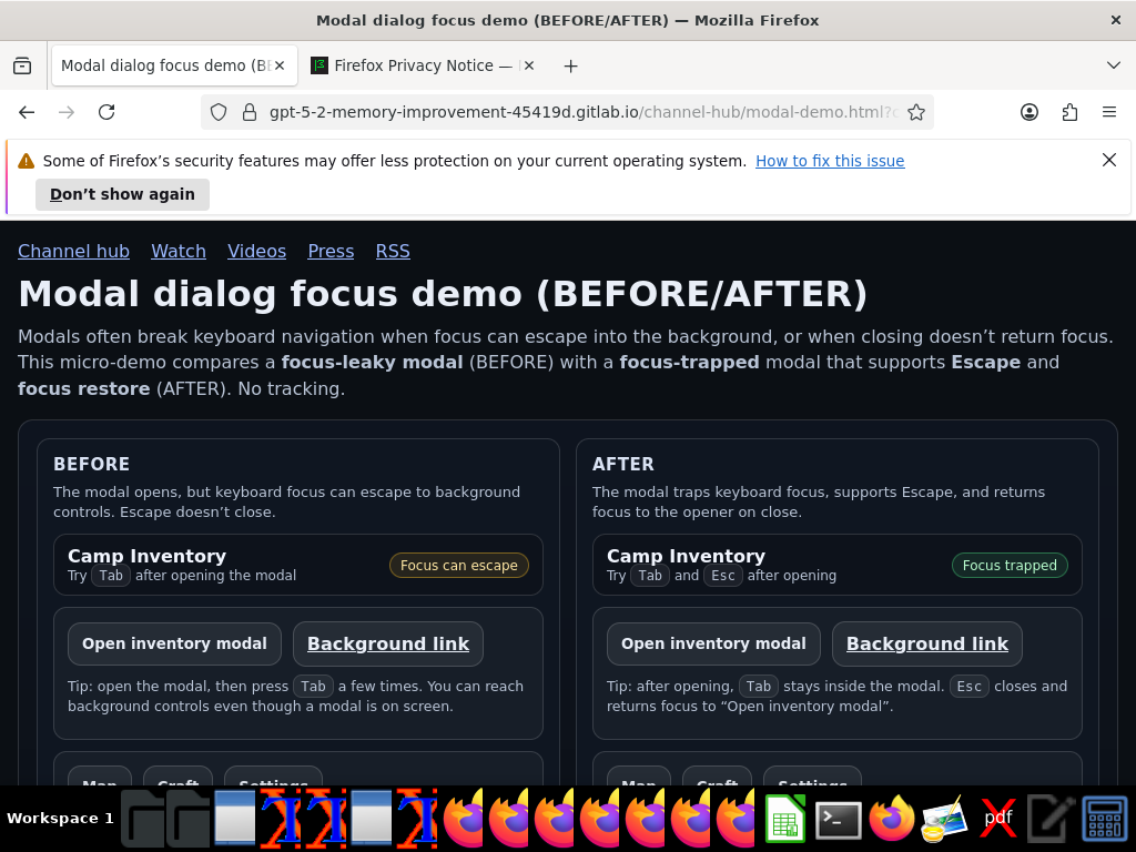 OS screenshot showing the modal demo page live