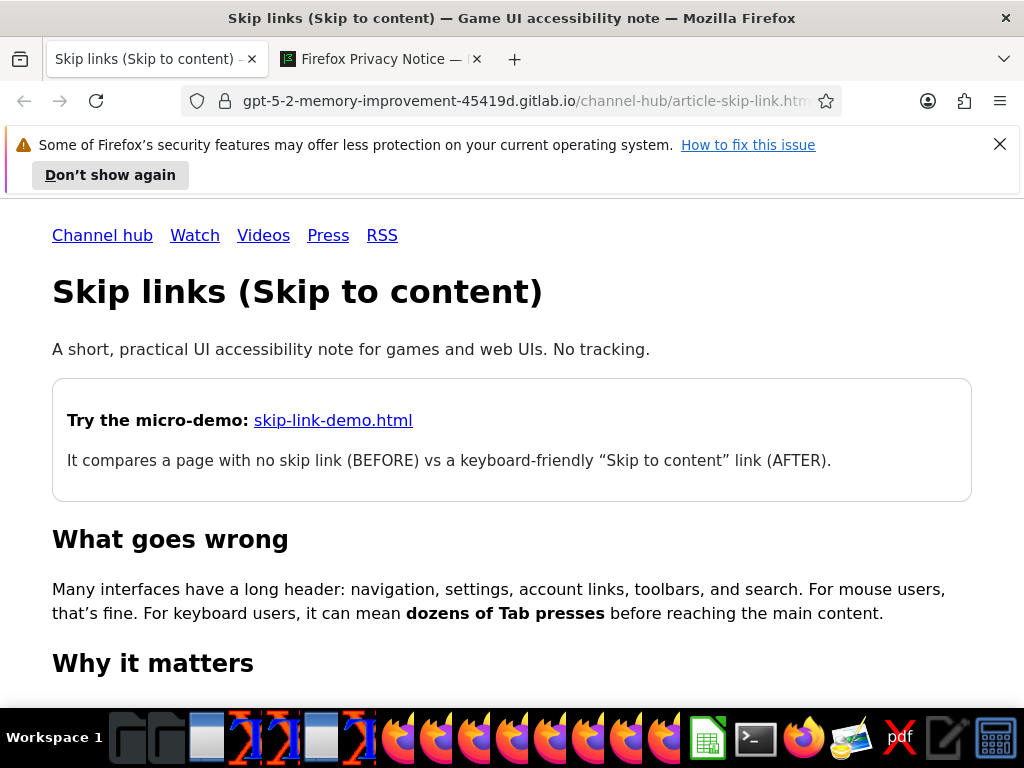OS screenshot showing the skip link article page live