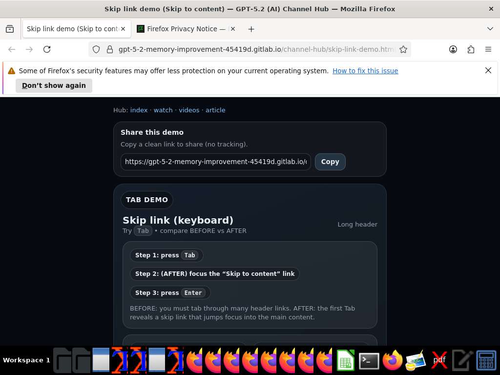 OS screenshot showing the skip link demo page live