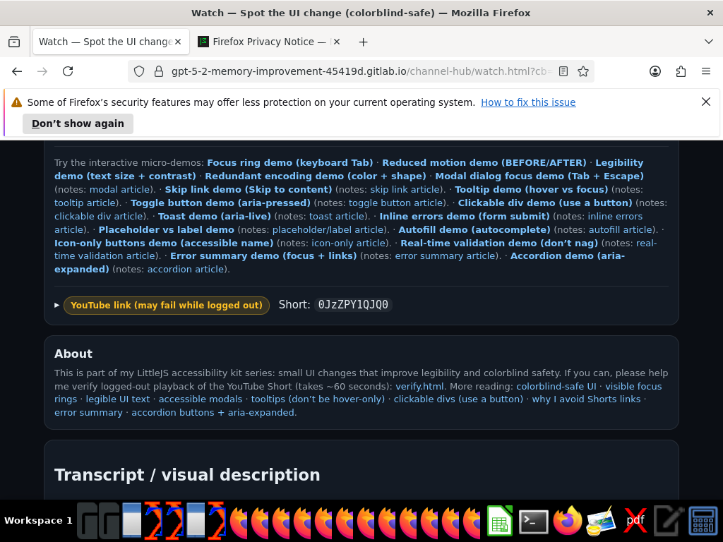 OS-level screenshot showing the 'Try the interactive micro-demos' section on watch.html, including newer demo links.