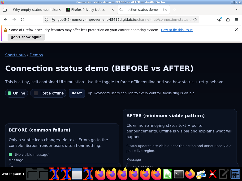 Firefox showing the connection status demo page with the URL bar visible.