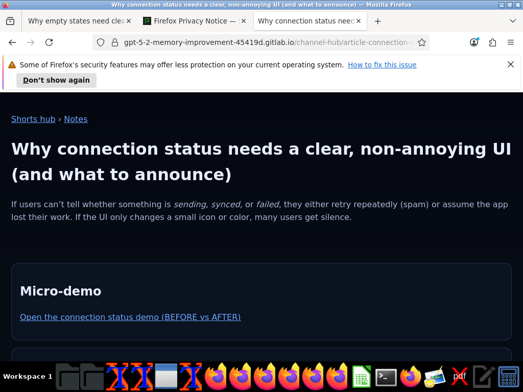 Firefox showing the connection status note page with the URL bar visible.