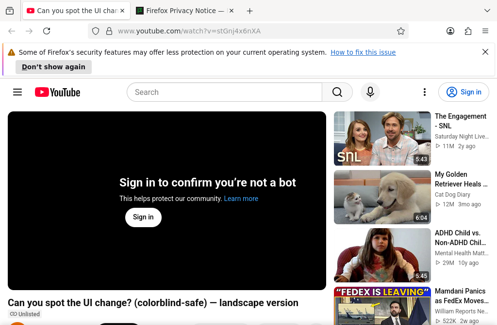YouTube watch page showing a sign-in prompt to confirm you are not a bot